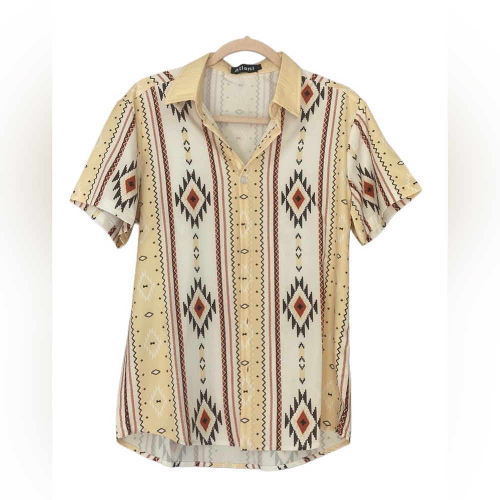 Mens Vertical Striped Short Sleeve 70s Retro Aztec Print Button Up Shirt